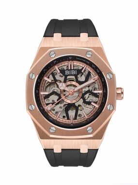 BiBi Rose Gold Skeleton Dial Men's Watch with Black Strap